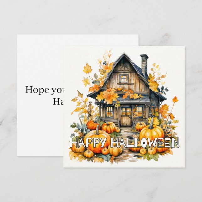 Lilla stuga på hösten Halloween Kort (Fram/baksida)