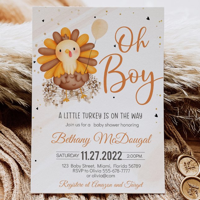Lilla Turkiet på vägen! Thanksgiving Baby Shower Inbjudningar (A Thanksgiving baby shower invitation with a cute turkey, pumpkins, and autumn leaves, featuring the)