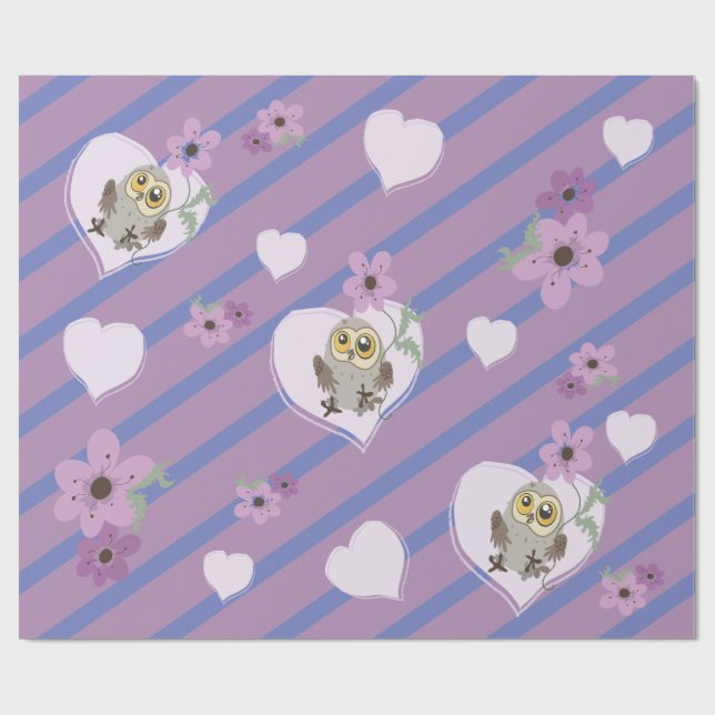 Lilla Uggla-hjärtan och blommor Presentpapper (Platt)