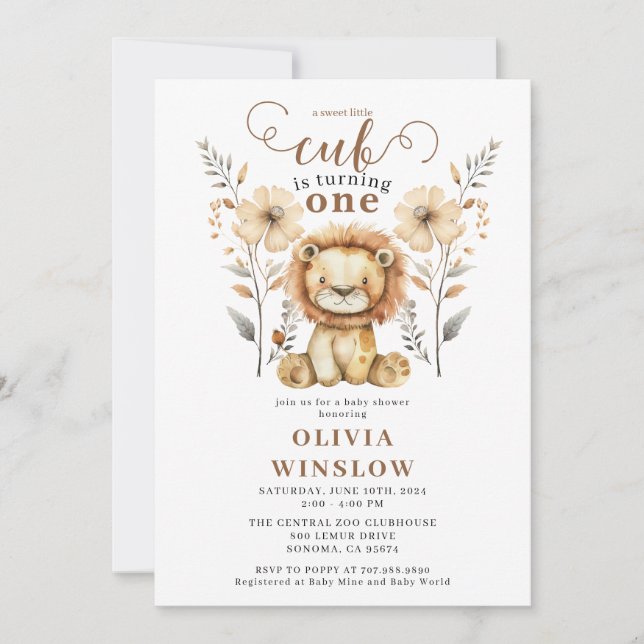 Lilla vattenfärg Lejon Safari Djuren 1:a födelseda Inbjudningar (Framsida)
