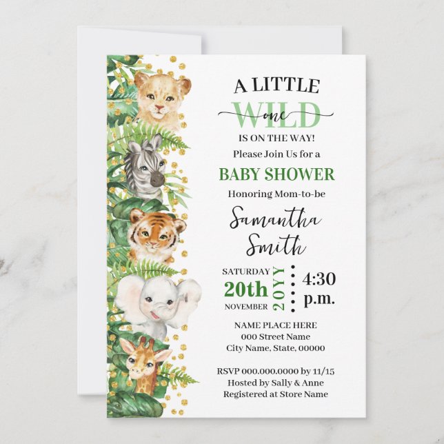 Lilla Vild ett på Way Safari Animal Shower Inbjudningar (Framsida)