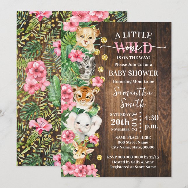 Lilla Vilda En Rustik Safari Rosa Bebis Shower Inbjudningar (Fram/baksida)