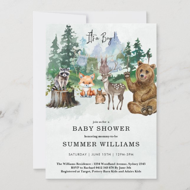 Lilla vilda en skogs djur baby shower inbjudningar (Framsida)