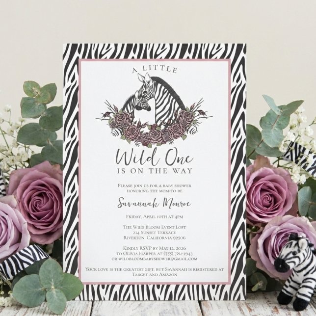 Lilla Vilda Ett Zebrasafari Bebis Shower-fest Inbjudningar (Little wild one zebra safari baby shower invitation girl pink jungle animal theme wild one party)