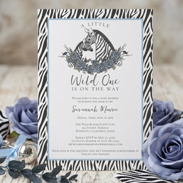 Lilla vilda zebra safari barnkalas inbjudningar (Little wild one zebra safari baby shower invitation boy blue jungle animal wild one party theme)
