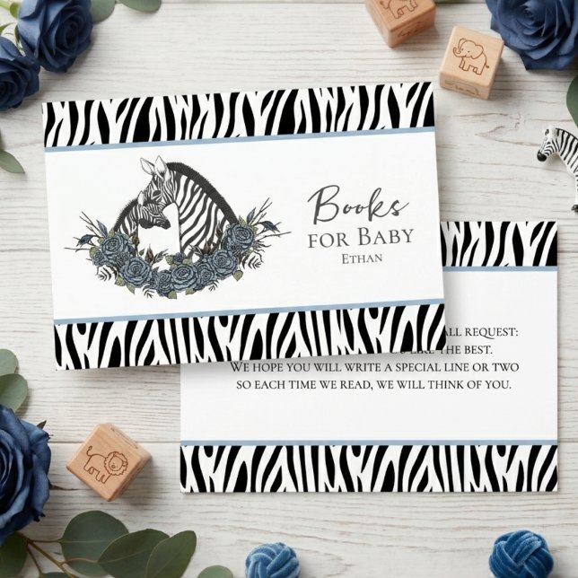Lilla vilda zebra Safari-böcker för bebisar Tilläggskort (Zebra safari baby boy shower books for baby insert with French blue roses and zebra print border)