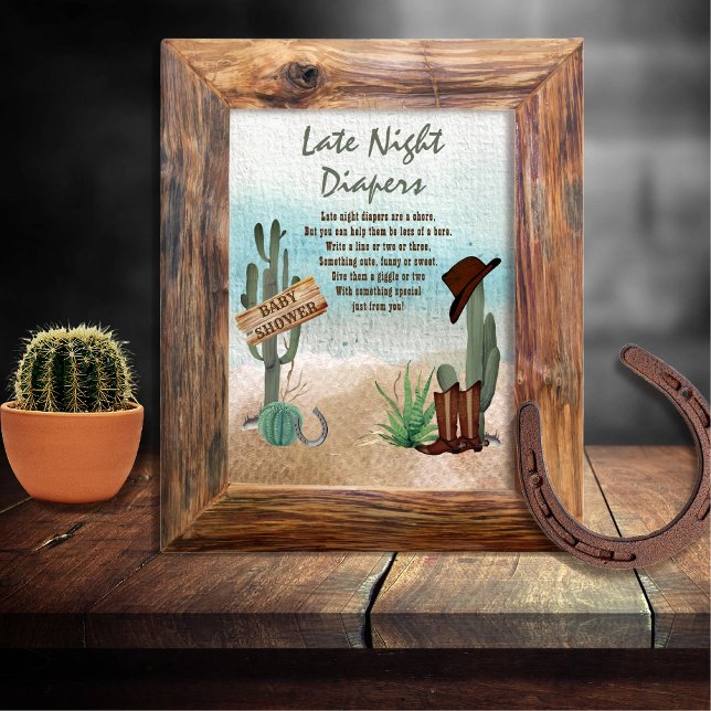 Lilla Western skugga för sent nattliga dagstidning Poster (Rustic Western Boy Baby Shower Late Night Diapers Poster Sign -- "A Little Cowboy Is On His Way" )