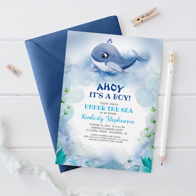 Lilla Whale Nautical under Sea Baby Shower Inbjudningar (Ahoy It's A Boy Cute Little Whale Navy Blue Nautical Baby Shower Invitations)
