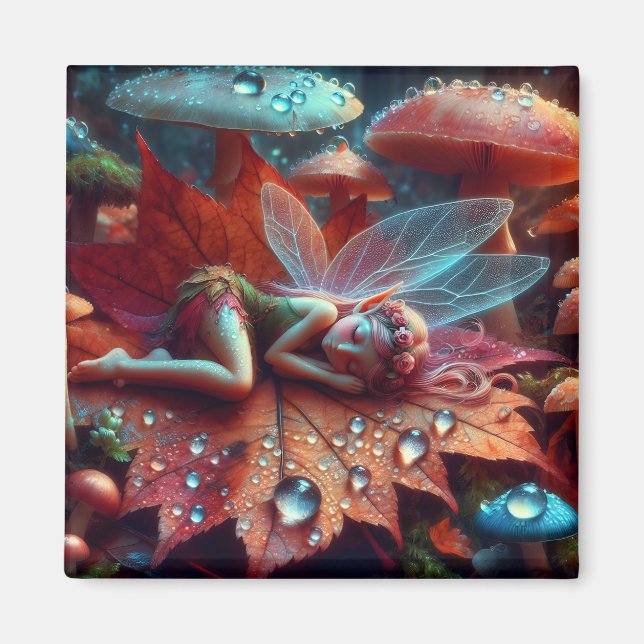 Lilla Whimsique Fairy Spipande på Löv Magnet (Framsidan)