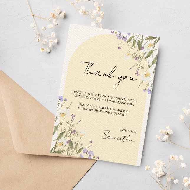 Lilla WildblomGirl's 1st Birthday Aesthetic Tack Kort (Little Wildflower Thank you Cards)