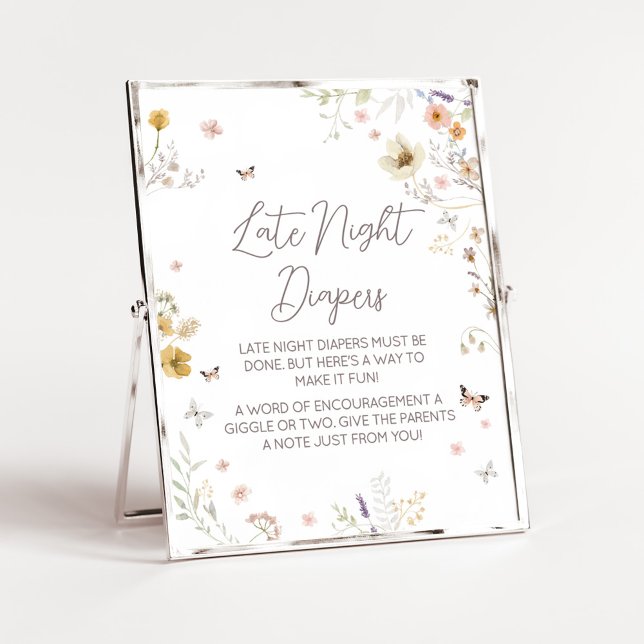 Lilla Wildblomkålsblöjor Poster (Botanical Spring Little Wildflower Baby Shower Late Night Diapers Sign)