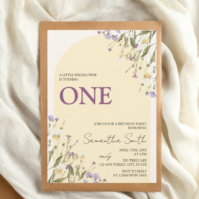 Lilla Wildblomma Aesthetic Girl's 1st Birthday Inbjudningar (Little wildflower is turning one, 1st birthday invitation)