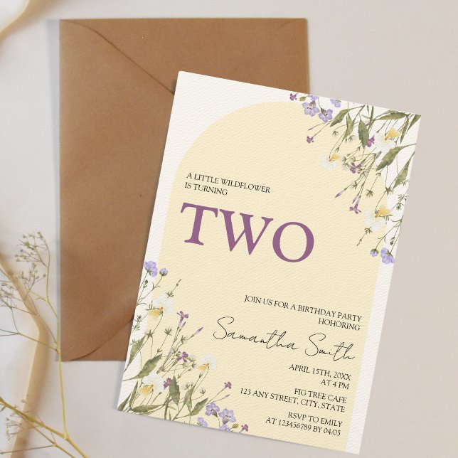 Lilla Wildblomma Aesthetic Girl's 2nd Birthday Inbjudningar (Little wildflower is turning two, 2nd birthday girl invitation)