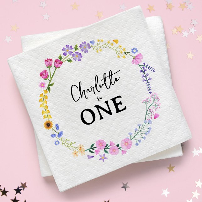Lilla Wildblomma Girl's First Birthday Pappersservett (Spring Wildflowers Girl's First Birthday Napkins)