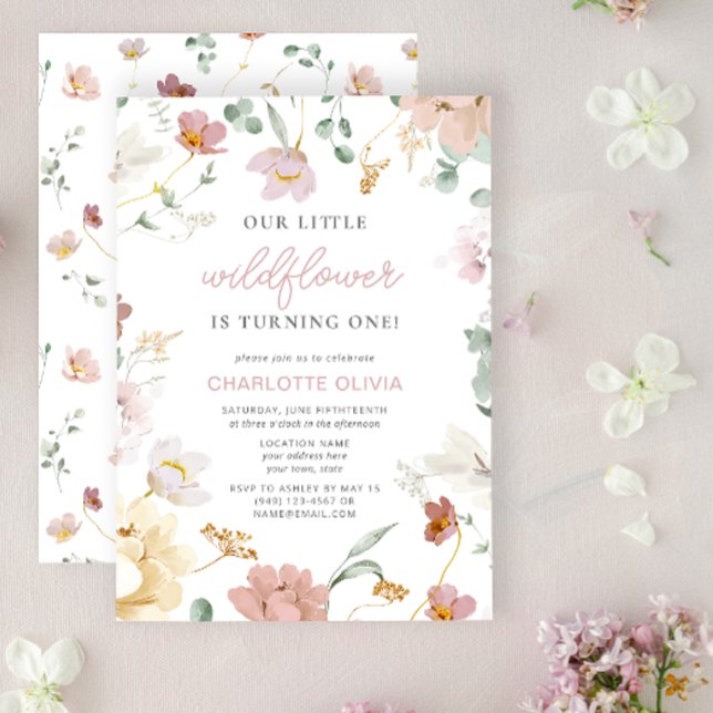 Lilla Wildblomman är på väg en födelsedag Inbjudningar (Easily personalize this 1st Birthday Invitation with your details for a very special event)
