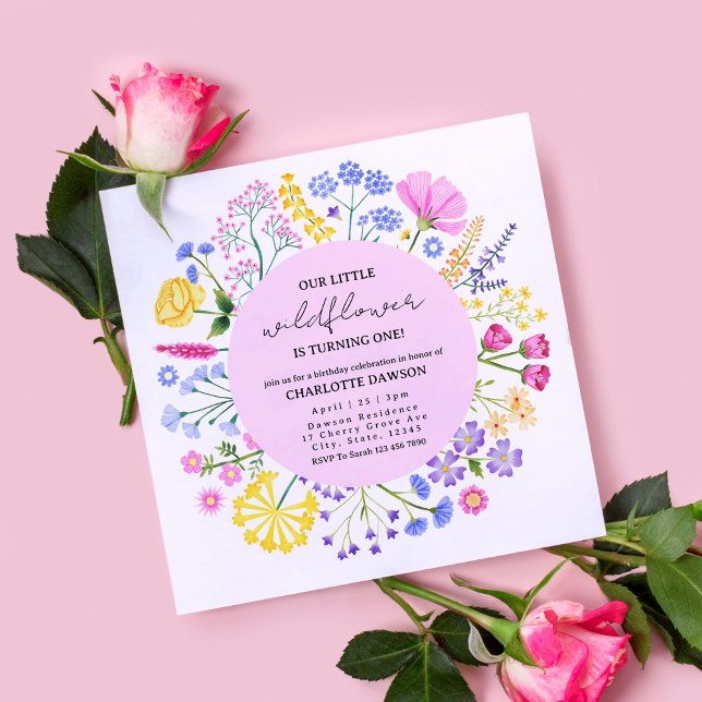 Lilla Wildblomman börjar bli en första födelsedag Inbjudningar (Dainty Rainbow Wildflowers First Birthday Invitation)