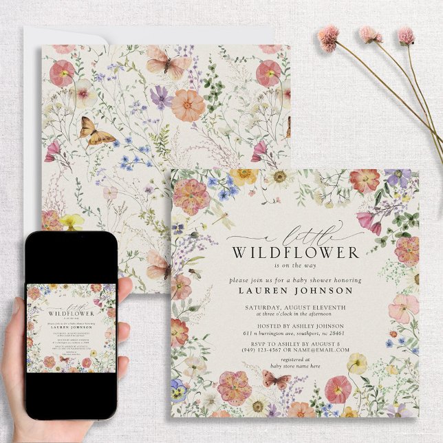 Lilla Wildblommor Pressade Blommor Babykläder Inbjudningar (Skapare uppladdad)