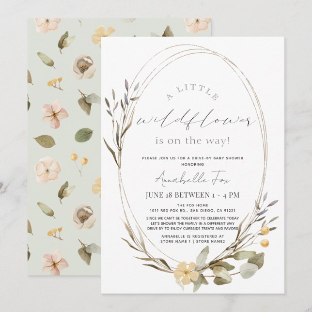 Lilla Wildflower Oval Flickas Drive-by Baby Shower Inbjudningar (Fram/baksida)