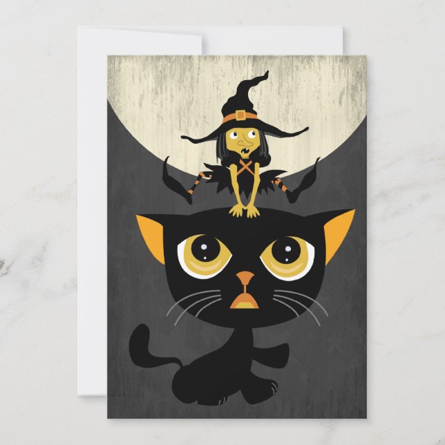 Lilla Witch, bladgroda med svart katt Inbjudningar (Framsida)