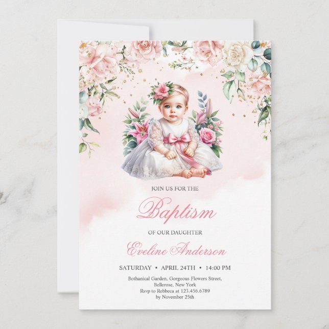 Lille flicka  ro blommigt Baptism-inbjudan Inbjudningar (Framsida)