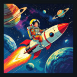 Lille pojke på en Rocket Frakt som flyger genom ry Poster<br><div class="desc">Sci om poster för en liten pojkes rum med en liten astronaut som flyger genom rymden på en raketfrakt som görs i en tecknad bok stil-retro.</div>