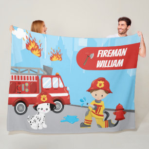 Lille Posts Tecknad Fireman med First Namn Fleecefilt