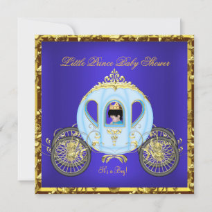 Lille prins baby shower blå guld pojke vagn 2 inbjudningar