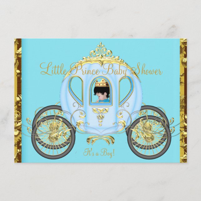 Lille prins baby shower blå guld pojke vagn inbjudningar (Framsida)