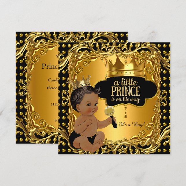 Lille prins baby shower guld skallra etnisk inbjudningar (Fram/baksida)