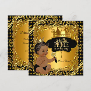 Lille prins baby shower guld skallra etnisk inbjudningar