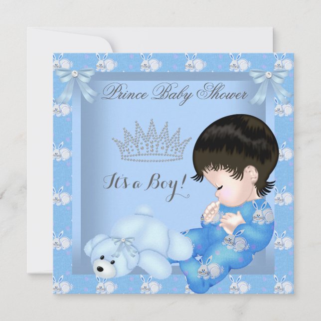 Lille prins baby shower pojke blå kanin inbjudningar (Framsida)