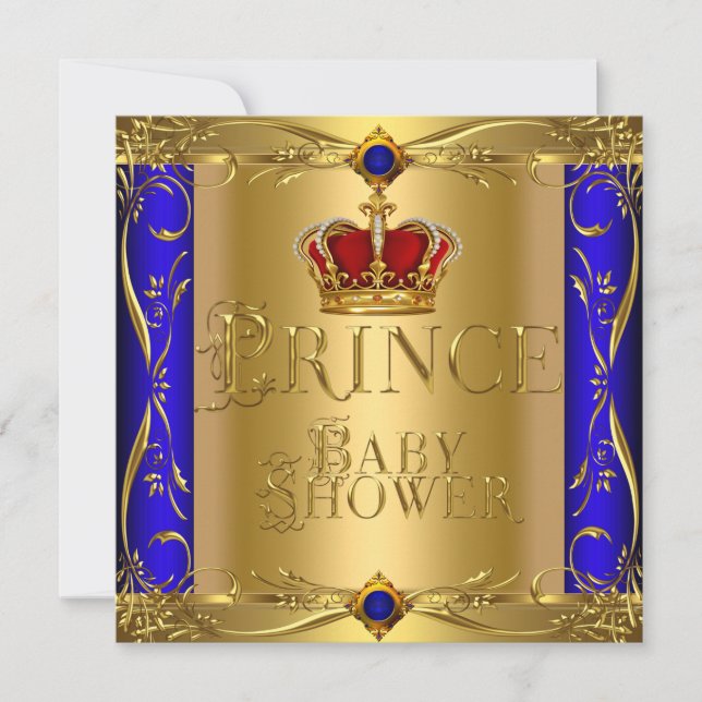 Lille prins baby shower pojke blå röd krona inbjudningar (Framsida)