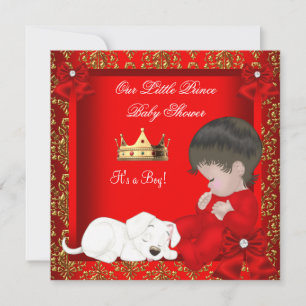 Lille prins baby shower pojke röd guld damast inbjudningar