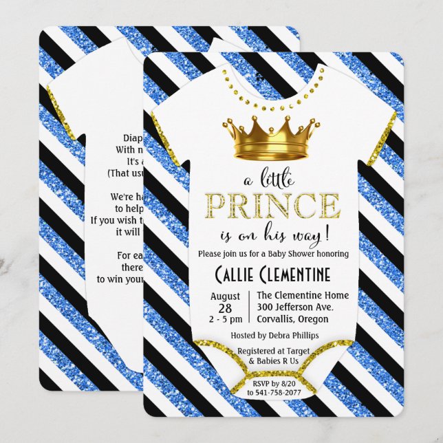 Lille prins glitter baby shower inbjudan (Fram/baksida)