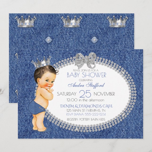 Lille prinsen baby pojke Denim & diamanter Inbjudningar (Fram/baksida)