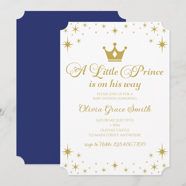 Lille prinsen Baby Shower Royalblå Guld Inbjudningar (Fram/baksida)