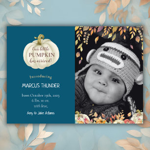 Lille Pumpkin Fall Baby Birth Photo Announcement Meddelande
