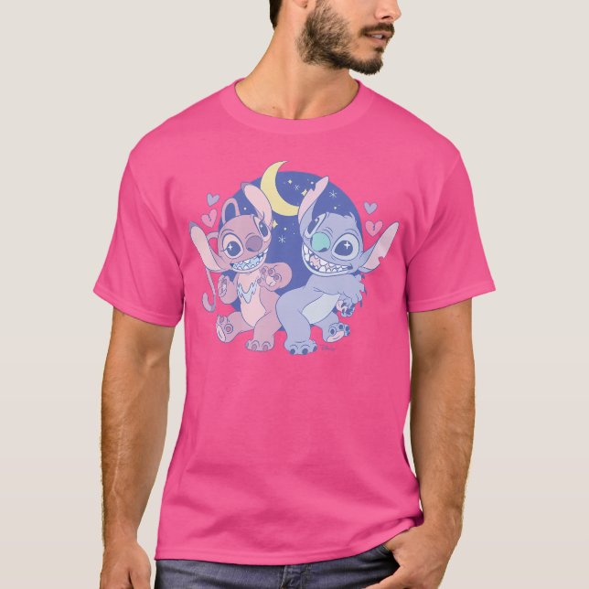 Lilo och Stitch - Stitch och Angel Måne Hearts T Shirt (Framsida)