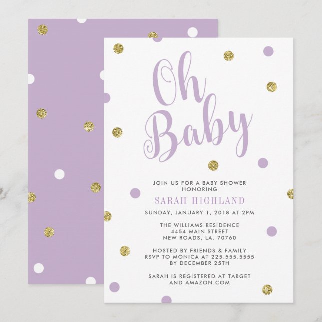 Lilor & guld- glitterOh baby shower Inbjudningar (Fram/baksida)