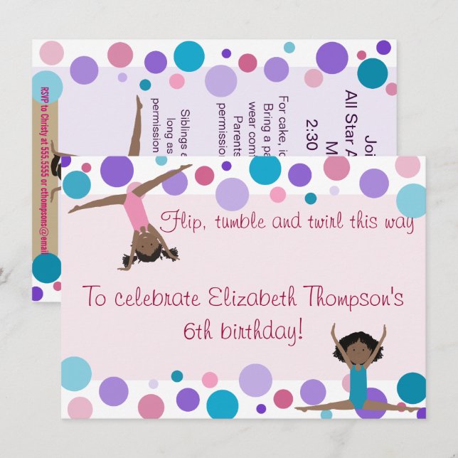 Lilor, kricka och Pinks för gymnastikpartyinbjudan Inbjudningar (Fram/baksida)