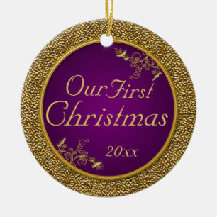 Lilor och guld prydnad "för vår första jul" julgransprydnad keramik