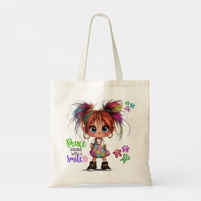 Lil'Quirky Girl Peace Tote Bag Tygkasse (Baksida)
