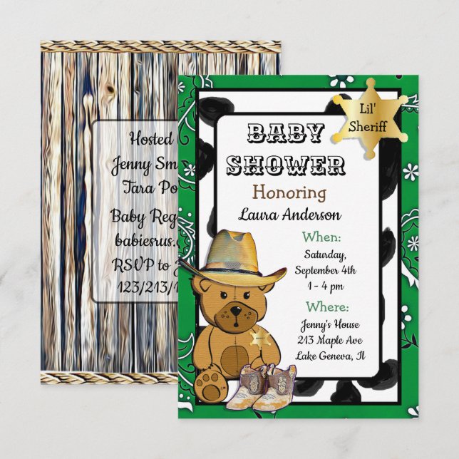 Lil'sheriff Nalle Cowboy Baby Shower Inbjudningar (Fram/baksida)