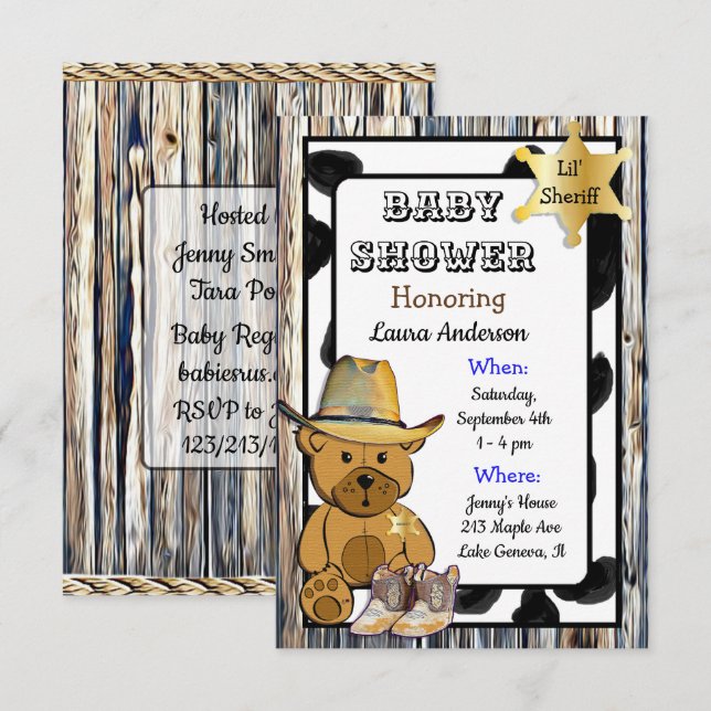 Lil'sheriff Nalle Cowboy Baby Shower Inbjudningar (Fram/baksida)