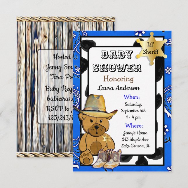 Lil'sheriff Nalle Cowboy Baby Shower Inbjudningar (Fram/baksida)