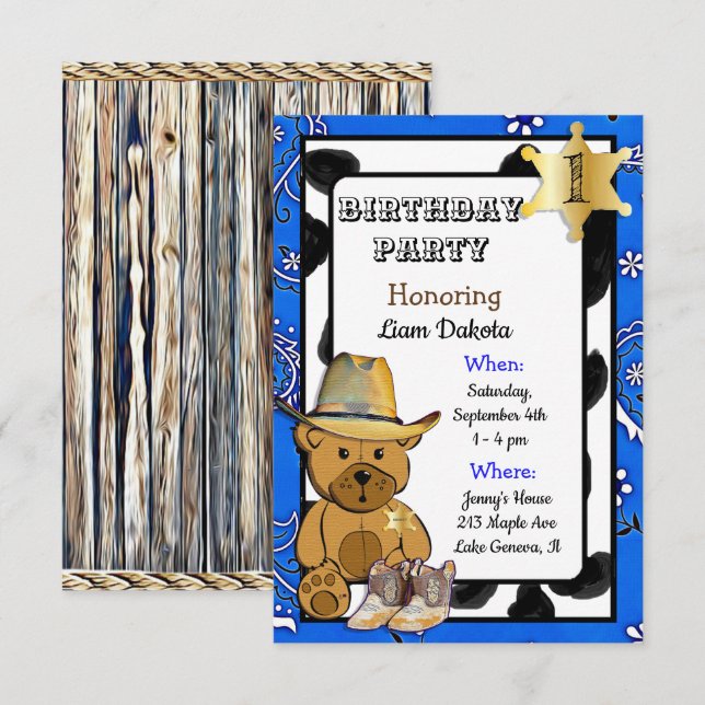 Lil'sheriff Nalle Cowboy Birthday Bjud Inbjudningar (Fram/baksida)