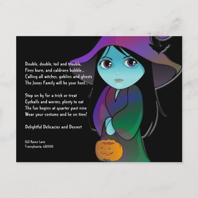 Lil'Witch i Rainbow Robe Halloween-inbjudan Inbjudan Vykort (Framsida)