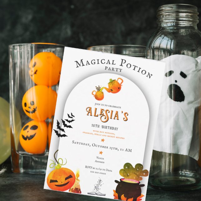 Lil'Wizards Witches & Potions Halloween Birthday Inbjudningar (Wizards Witches Magical Potions Halloween Cauldron Pumpkin Birthday Invitation)