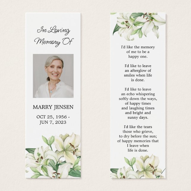 Lily Blommigt Photo Funeral Memorial Bookmark Litet Visitkort (Framsida & baksida)