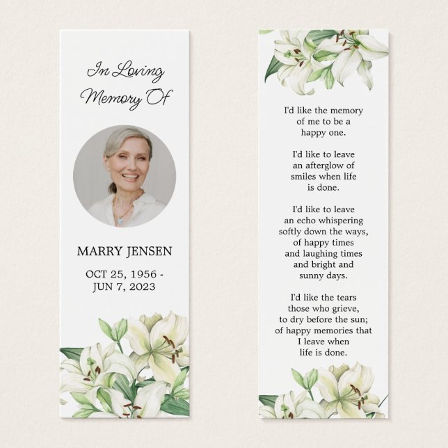 Lily Blommigt Photo Funeral Memorial Bookmark Litet Visitkort (Framsida & baksida)